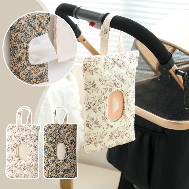 Quilted Baby Wipe Holder Floral Baby Diaper Pouch, Reusable Quilted Wipes Bag Mommy Bag With Lanyard for Daily (Beige) - Image 2